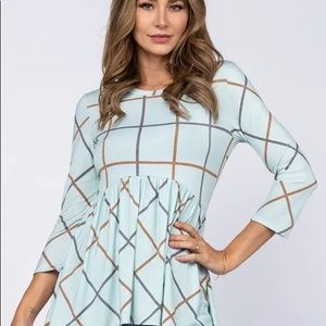 SOFT PISTACHIO GRID PRINT BABY-DOLL STYLE KNIT TOP